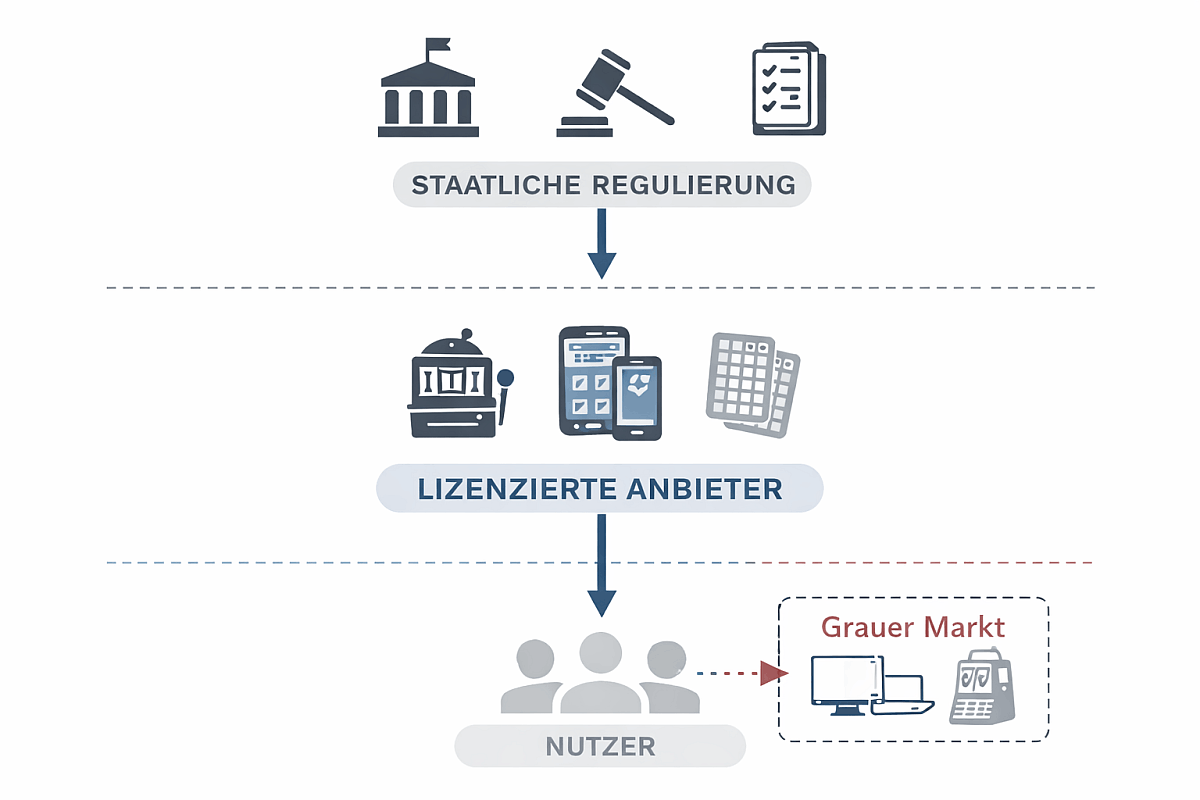 Schematische Darstellung der Akteursbeziehungen im regulierten deutschen Glücksspielmarkt